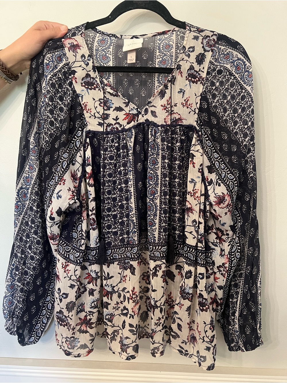 Knox Rose Navy & Cream Floral Patchwork Peasant Blouse